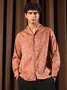 Campus Sutra - Men's Dark Peach Flake-Jacquard Satin Casual Shirt