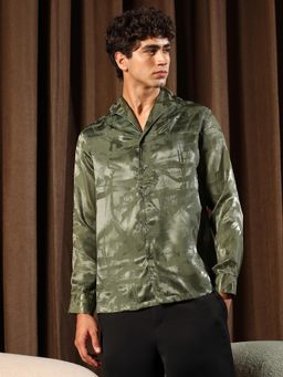 Campus Sutra - Green Men's Dark Olive Abstract-Jacquard Satin Casual Shirt