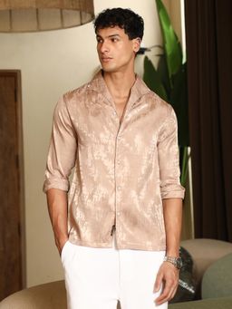Campus Sutra - Men's Light Beige Droplet-Jacquard Satin Casual Shirt