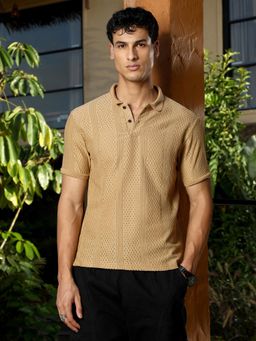Campus Sutra - Men's Sand Beige Marquise-Panel Jacquard Polo T-shirt