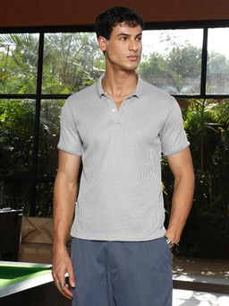 Campus Sutra - Men's Coin Grey Self Design Ribbed Polo T-shirt