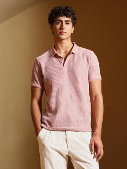Campus Sutra - Men's Blush Pink Self Design Ribbed Polo T-shirt