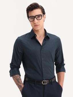 Rare Rabbit - Navy Blue Cotton Fabric Full Sleeve Collared Neck Plain Formal Shirt