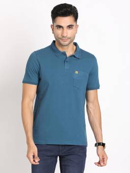 Turtle - Men Poly Cotton Teal Blue Slim Fit Casual Polo T-Shirt