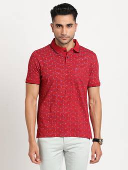 Turtle - Men Cotton Red Half Sleeve Casual Printed Polo T-Shirt