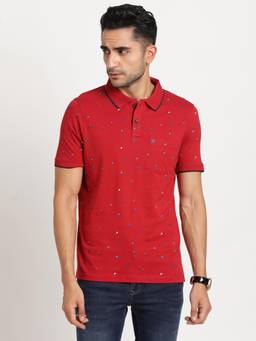 Turtle - Men Cotton Red Half Sleeve Casual Printed Polo T-Shirt