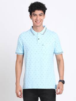 Turtle - Men Cotton Light Blue Half Sleeve Casual Printed Polo T-Shirt