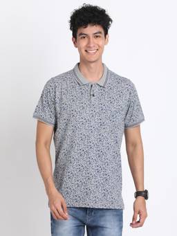 Turtle - Men Cotton Grey Half Sleeve Casual Printed Polo T-Shirt