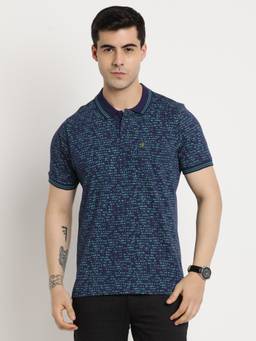 Turtle - Men Cotton Navy Half Sleeve Casual Printed Polo T-Shirt