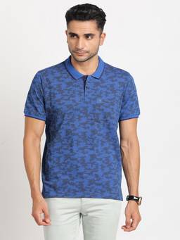Turtle - Men Cotton Blue Half Sleeve Casual Printed Polo T-Shirt