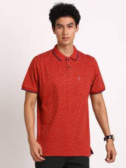 Turtle - Men Cotton Red Half Sleeve Casual Printed Polo T-Shirt