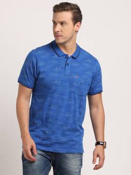 Turtle - Men Cotton Blue Half Sleeve Casual Printed Polo T-Shirt