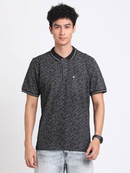 Turtle - Men Cotton Black Half Sleeve Casual Printed Polo T-Shirt