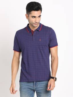 Turtle - Men Cotton Purple Half Sleeve Casual Check Polo T-Shirt