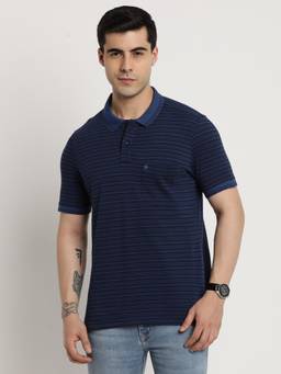 Turtle - Men Cotton Navy Blue Half Sleeve Casual Stripe Polo T-Shirt