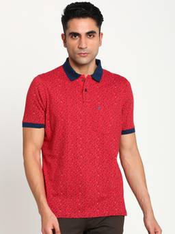 Turtle - Men Cotton Red Half Sleeve Casual Printed Polo T-Shirt