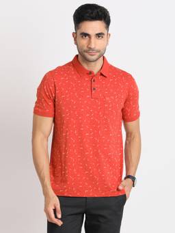 Turtle - Men Cotton Red Half Sleeve Casual Printed Polo T-Shirt