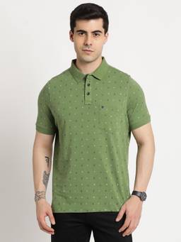 Turtle - Men Cotton Green Half Sleeve Casual Printed Polo T-Shirt