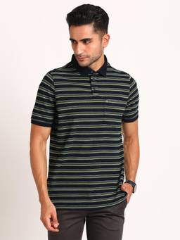 Turtle - Men Cotton Black Half Sleeve Casual Stripe Polo T-Shirt