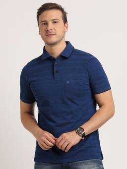 Turtle - Men Cotton Blue Half Sleeve Casual Self Design Polo T-Shirt