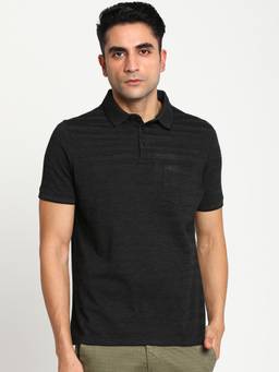 Turtle - Men Cotton Black Slim Fit Casual Polo T-Shirt