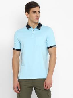 Turtle - Men Cotton Stretch Light Blue Half Sleeve Casual Solid Polo T-Shirt