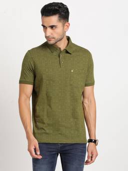 Turtle - Men Cotton Olive Half Sleeve Casual Printed Polo T-Shirt