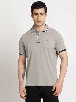 Turtle - Men Knitted Grey Half Sleeve Casual Printed Polo T-Shirt