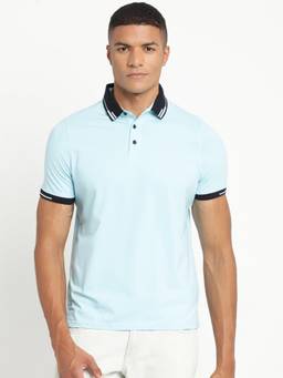 Turtle - Men Cotton Stretch Blue Half Sleeve Casual Solid Polo T-Shirt