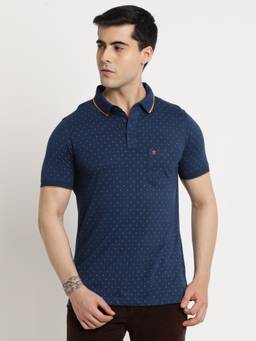 Turtle - Men Cotton Navy Blue Half Sleeve Casual Printed Polo T-Shirt