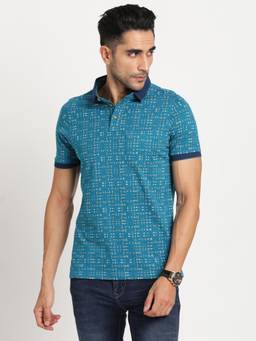 Turtle - Men Cotton Blue Half Sleeve Casual Printed Polo T-Shirt