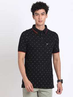 Turtle - Men Cotton Black Half Sleeve Casual Printed Polo T-Shirt