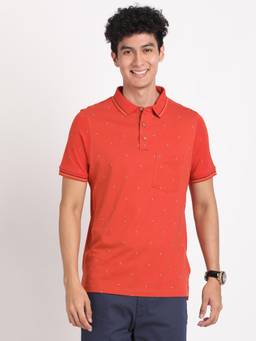 Turtle - Men Cotton Orange Half Sleeve Casual Printed Polo T-Shirt