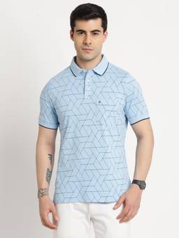 Turtle - Men Cotton Light Blue Half Sleeve Casual Printed Polo T-Shirt