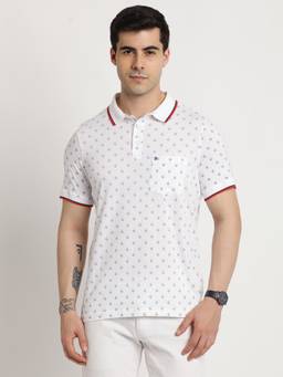 Turtle - Men Cotton White Half Sleeve Casual Printed Polo T-Shirt