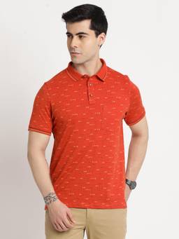Turtle - Men Cotton Orange Half Sleeve Casual Printed Polo T-Shirt