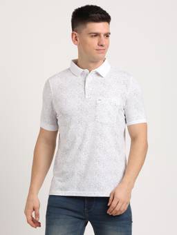 Turtle - Men Cotton Stretch White Half Sleeve Casual Printed Polo T-Shirt