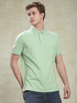 Turtle - Men Cotton Stretch Pista Green Half Sleeve Casual Printed Polo T-Shirt