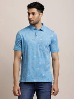 Turtle - Men Poly Cotton Stretch Printed Sky Blue Polo T-Shirt