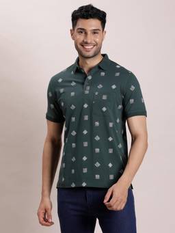 Turtle - Men Cotton Stretch Printed Dark Green Polo T-Shirt