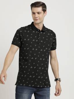 Turtle - Men Cotton Stretch Black Slim Fit Casual Polo T-Shirt