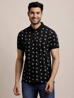 Turtle - Men Cotton Stretch Printed Black Polo T-Shirt
