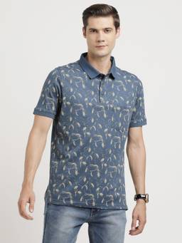 Turtle - Men Poly Cotton Stretch Blue Slim Fit Casual Polo T-Shirt