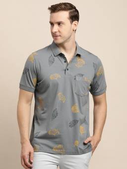 Turtle - Men Knitted Grey Slim Fit Casual Polo T-Shirt