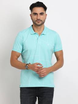 Turtle - Men Knitted Turquoise Slim Fit Casual Polo T-Shirt