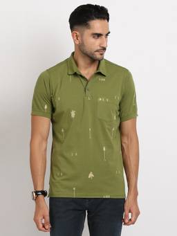 Turtle - Men Knitted Olive Green Slim Fit Casual Polo T-Shirt