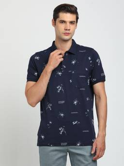 Turtle - Men Knitted Navy Slim Fit Casual Polo T-Shirt