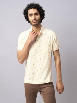 Turtle - Men Knitted Cream Half Sleeve Casual Printed Polo T-Shirt