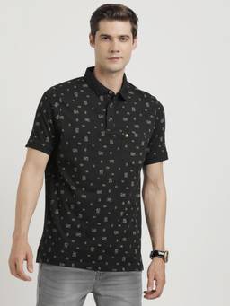 Turtle - Men Knitted Black Half Sleeve Casual Printed Polo T-Shirt