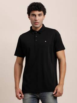 Turtle - Men Knitted Solid Black Polo T-Shirt
